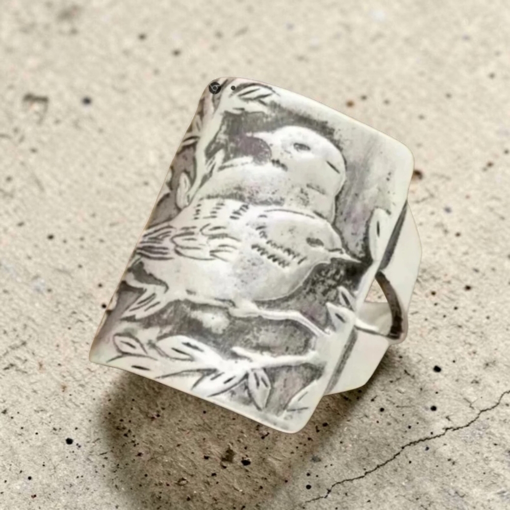 LOVE BIRDS ENGRAVED ON LEAVES RARE FIND QUALITY TITANIUM SILVER NEW SIZE 6 RING - Picture 4 of 5